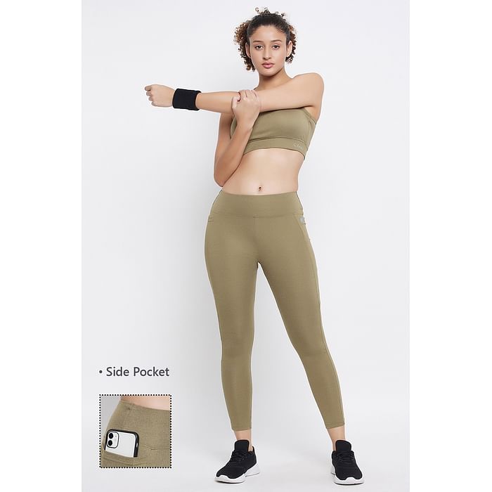 

Clovia High Rise Active Tights in Olive Green Melange with Side Pocket - AB0115P17, Dark green