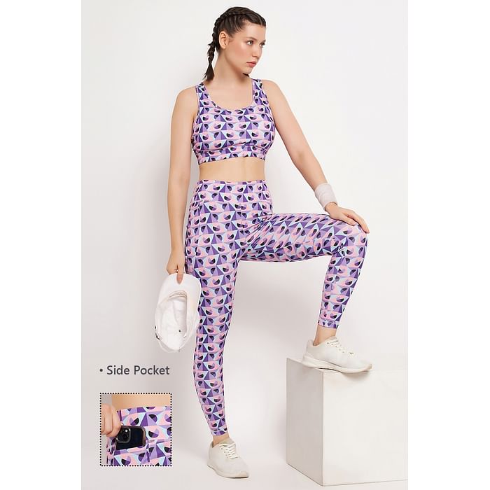 

Clovia High Rise Geometric Print Active Tights in Purple with Side Pocket - AB0042D12, Lavender