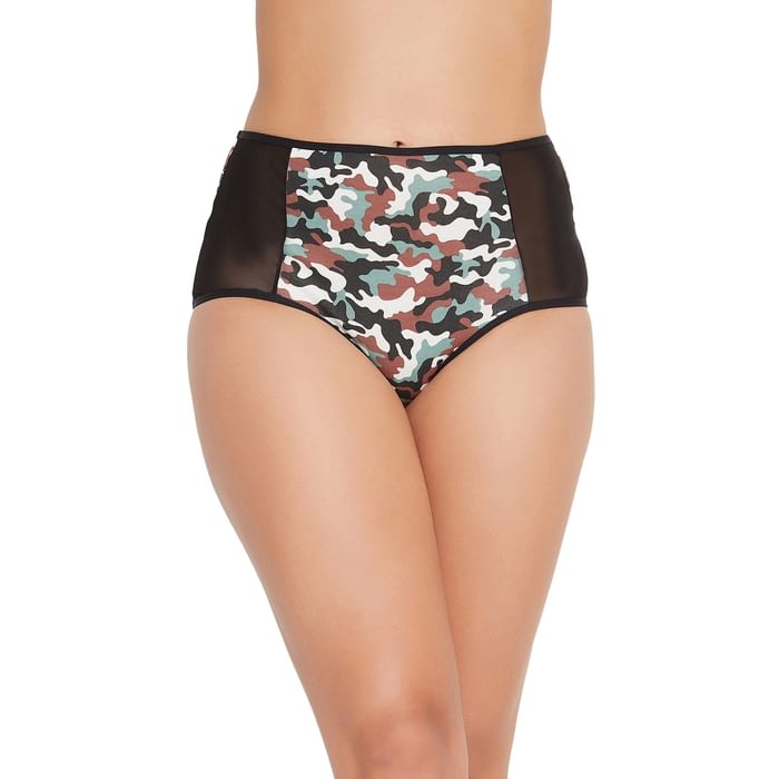 

Clovia High Waist Camouflage Print Hipster Panty with Mesh Panels in Black - Cotton - PN2359I19, Multicolour
