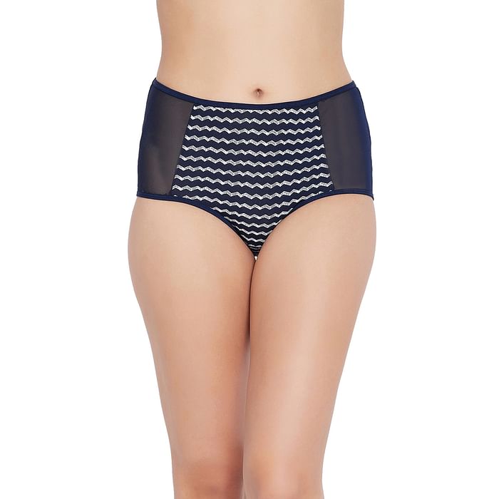 

Clovia High Waist Chevron Print Hipster Panty in Navy with Mesh Panels - Cotton - PN2359L08