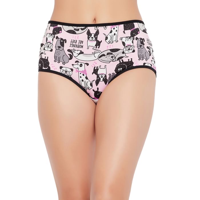 

Clovia High Waist Dog Print Hipster Panty in Baby Pink - PN3170J22, Light pink