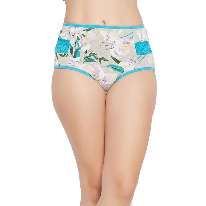 

Clovia High Waist Floral Print Hipster Panty in Light Grey Melange with Lace Inserts - PN3238A01