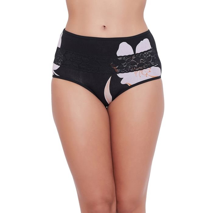 

Clovia High Waist Floral Print Hipster Panty in Black - Cotton & Lace - PN3364V13