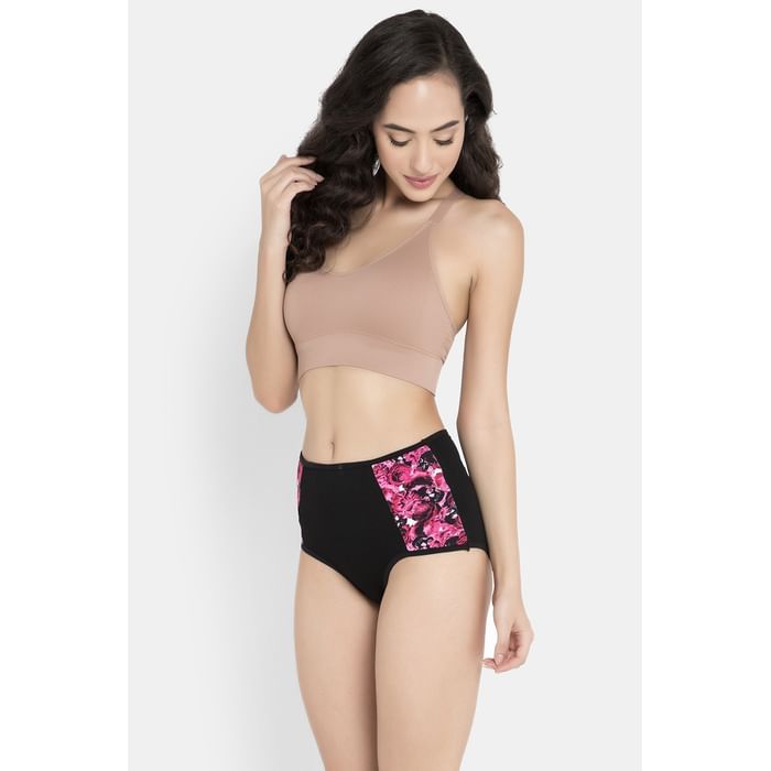 

Clovia High Waist Hipster Panty in Black with Floral Print Panels - Cotton - PN3251B13
