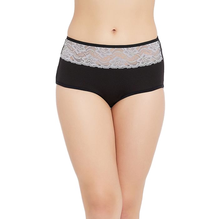 

Clovia High Waist Hipster Panty in Black with Lace Waist - Cotton - PN3301P13