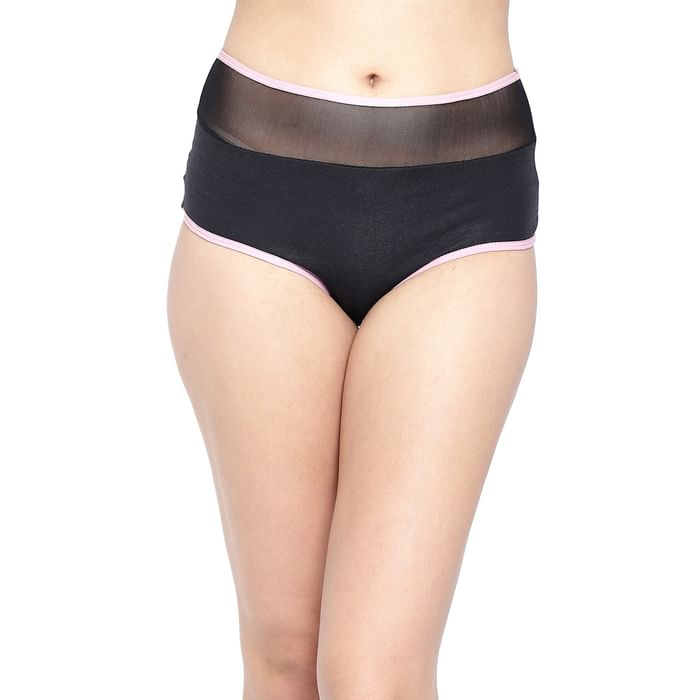 

Clovia High Waist Hipster Panty in Black with Powernet Panel - Cotton - PN1027H13