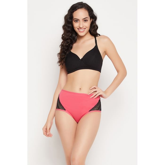 

Clovia High Waist Hipster Panty in Blush Pink with Lace Panels - Cotton - PN1506A22, Light pink