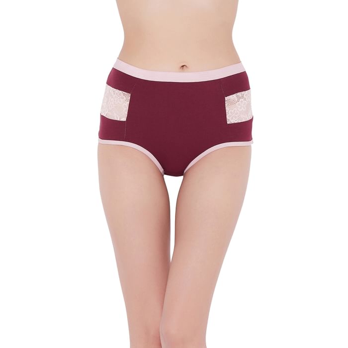 

Clovia High Waist Hipster Panty in Maroon with Lace Inserts - Cotton - PN3422A09