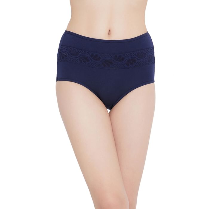 

Clovia High Waist Hipster Panty in Navy- Cotton & Lace - PN3402K08