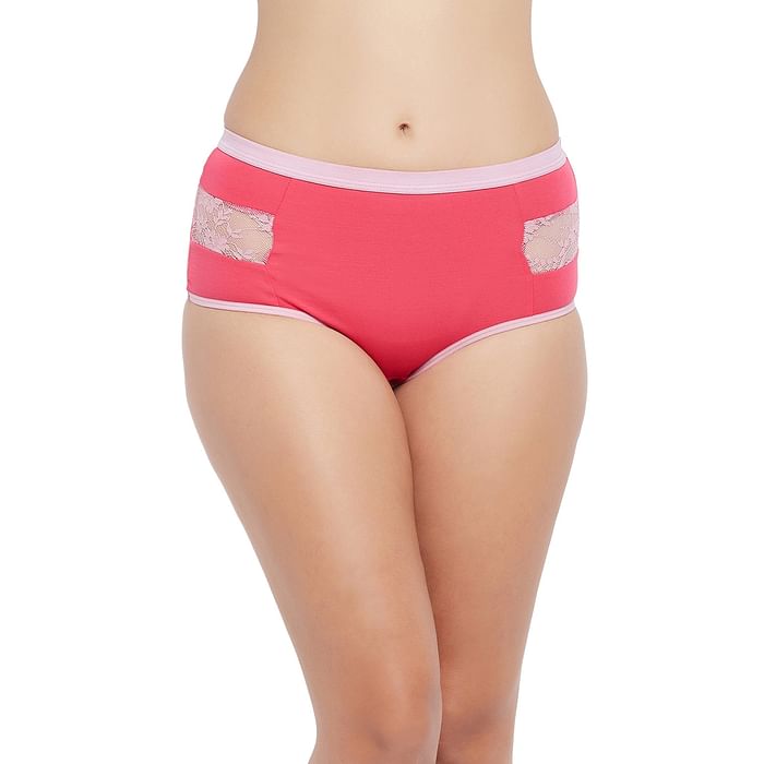 

Clovia High Waist Hipster Panty in Pink with Lace Insert - Cotton - PN3422A22, Light pink