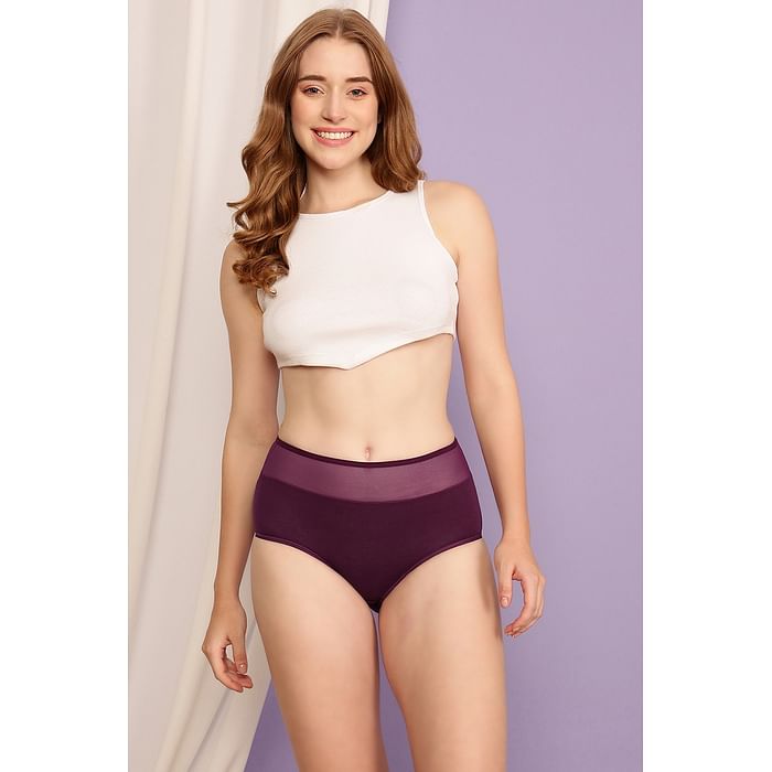 

Clovia High Waist Hipster Panty in Wine Colour with Powernet Panels - Cotton - PN1167P15, Purple