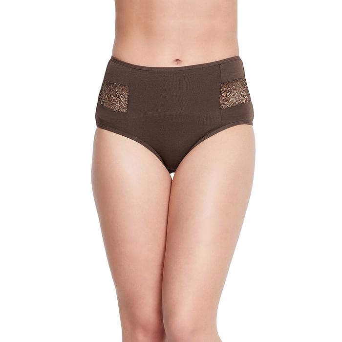 

Clovia High Waist Hipster Panty with Lace Inserts in Coffee Brown - Cotton - PN2962A06