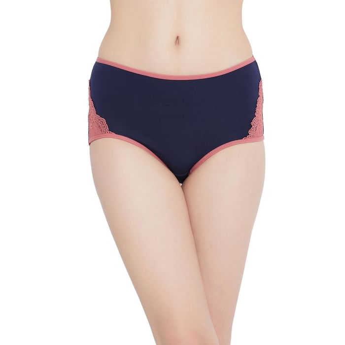 

Clovia High Waist Hipster Panty with Lace Inserts in Navy- Cotton & Lace - PN3368I08