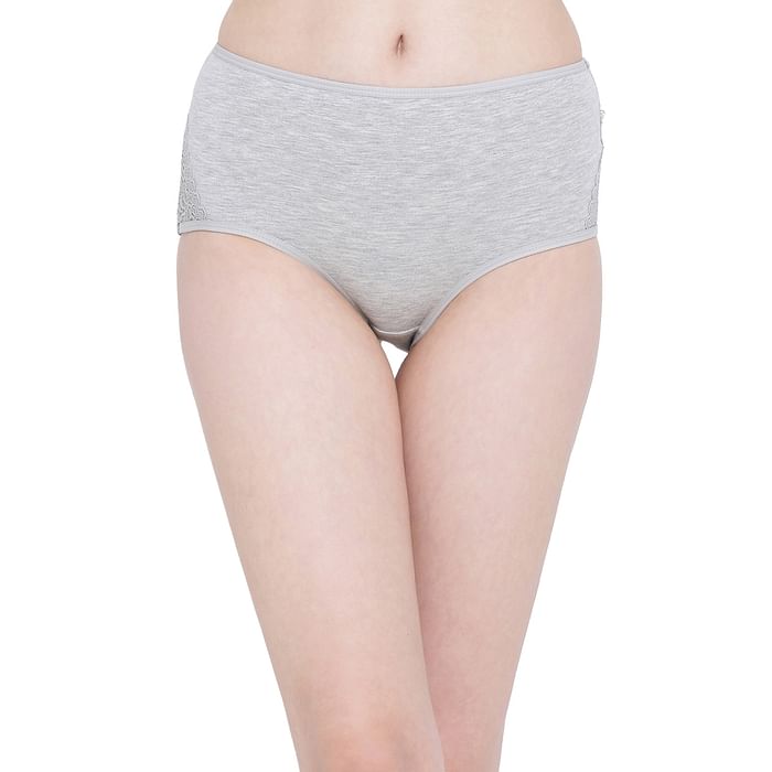 

Clovia High Waist Hipster Panty with Lace Inserts in Grey Melange - Cotton - PN1057P01, Light grey