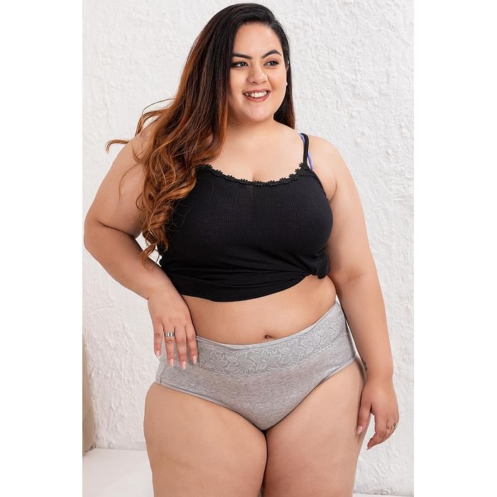 

Clovia High Waist Hipster Panty with Lace Waist in Grey - Cotton & Lace - PN3402K01, Light grey
