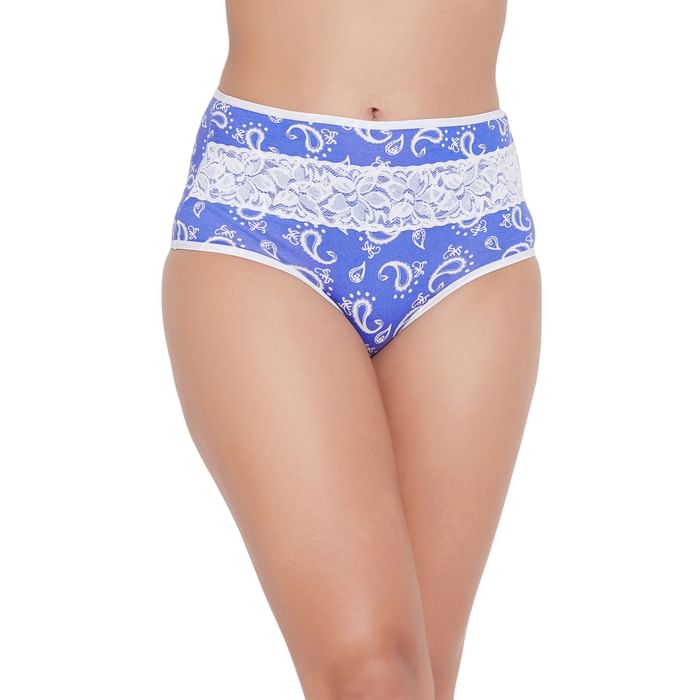 

Clovia High Waist Paisley Print Hipster Panty with Lace Waist in Light Blue - Cotton - PN3364U03