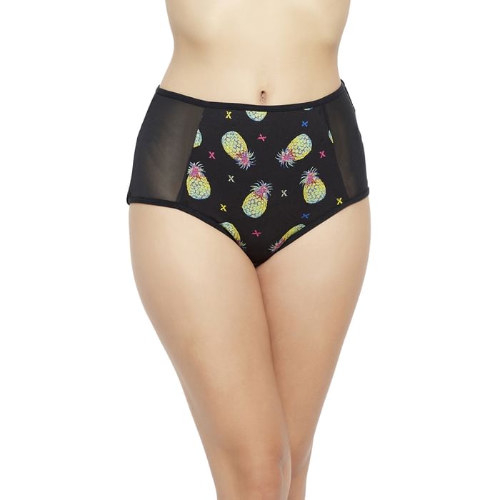 

Clovia High Waist Pineapple Print Hipster Panty in Black with Mesh Panels - Cotton - PN2359I13