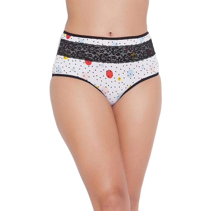 

Clovia High Waist Polka Print Hipster Panty with Lace Waist in White - Cotton - PN3364O18