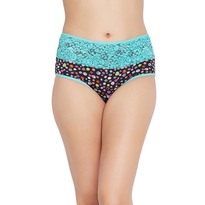 

Clovia High Waist Printed Hipster Panty in Black with Lace Waist - Cotton - PN3468P13