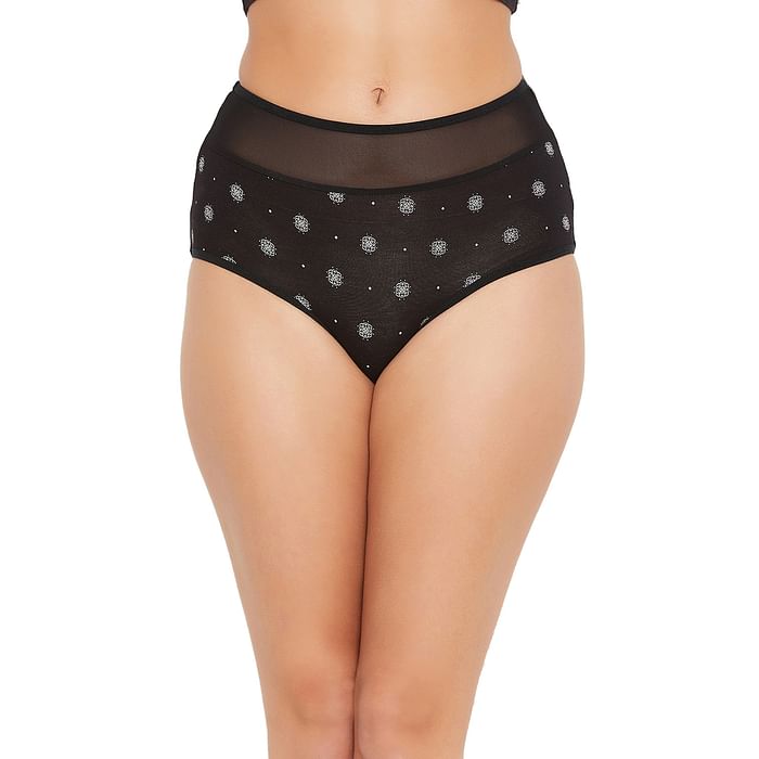 

Clovia High Waist Printed Hipster Panty in Black with Powernet Panel - PN1900B13