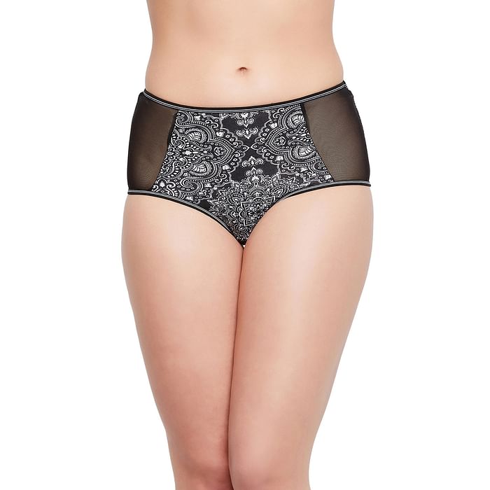 

Clovia High Waist Printed Hipster Panty in Black with Powernet Panels - Cotton - PN2359B13