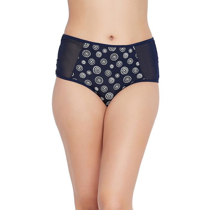 

Clovia High Waist Printed Hipster Panty in Navy with Mesh Panels - Cotton - PN2359V08