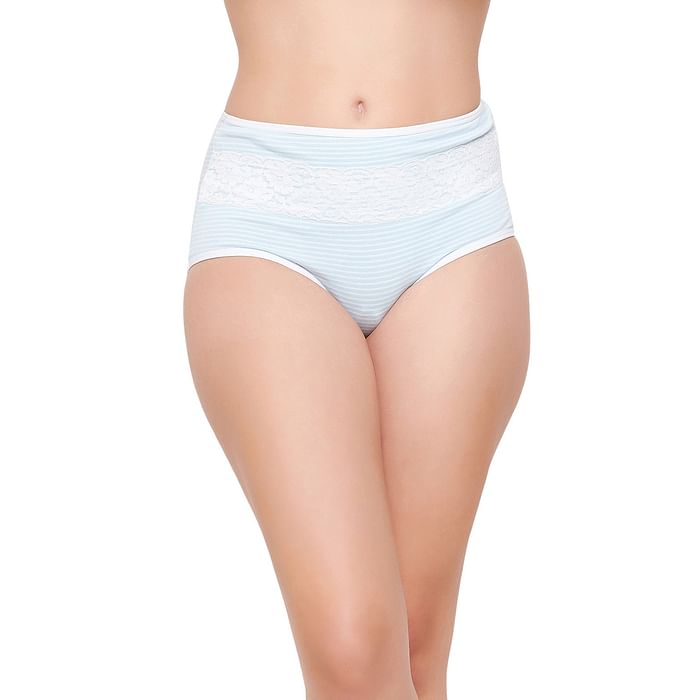 

Clovia High Waist Striped Hipster Panty in Sky Blue with Lace Overlay - Cotton - PN3364A03, Light blue