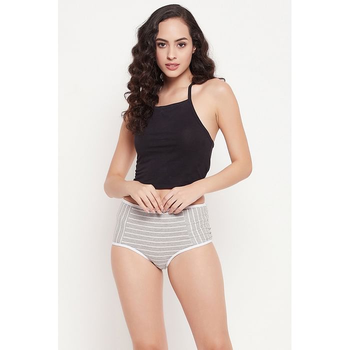 

Clovia High Waist Striped Hipster Panty in Grey Melange - Cotton - PN1424C01, Light grey