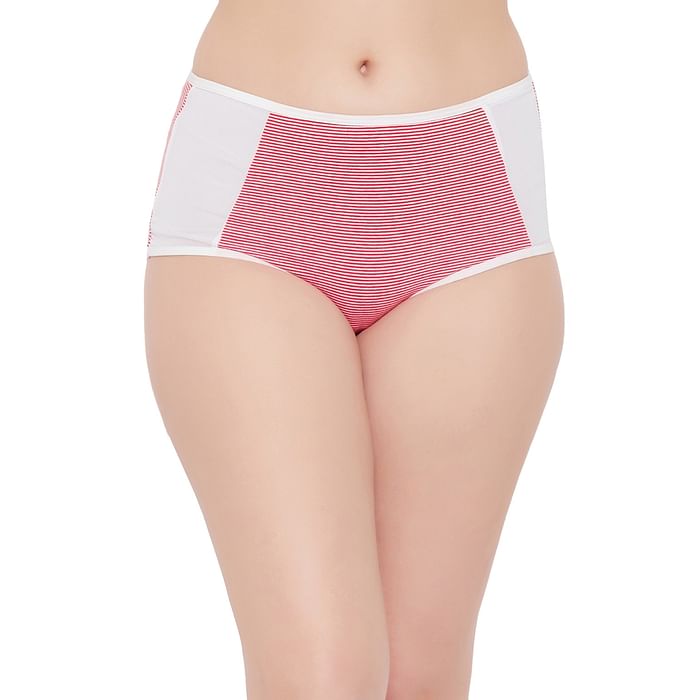 

Clovia High Waist Striped Hipster Panty in Red with Powernet Panels - Cotton - PN2532B04