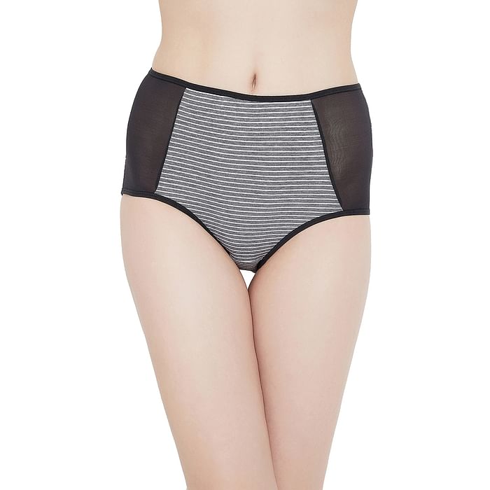 

Clovia High Waist Striped Hipster Panty with Mesh Panels in White- Cotton - PN2532P13, Black