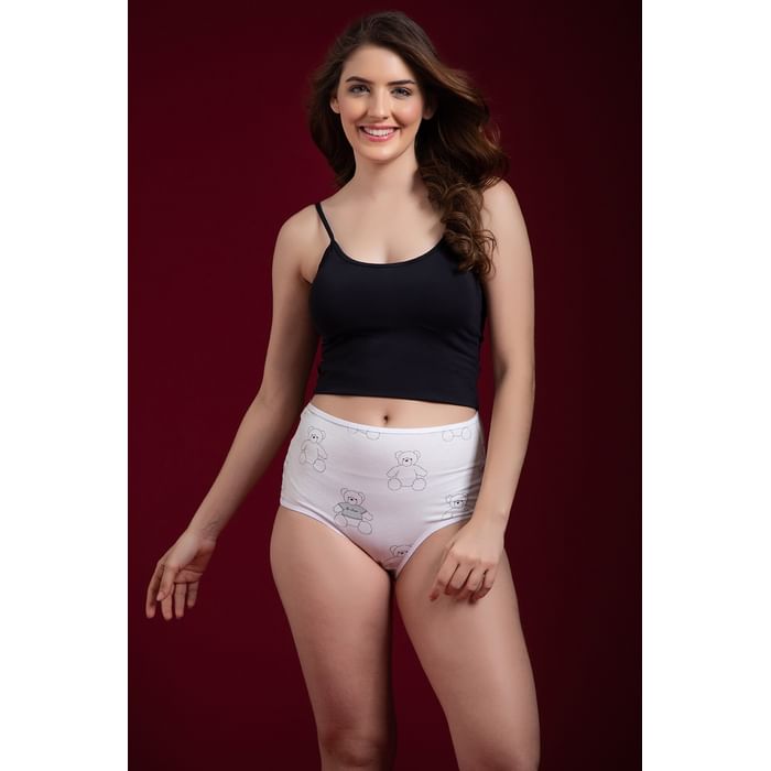 

Clovia High Waist Teddy Bear Print Hipster Panty in White - Cotton - PN3170D18
