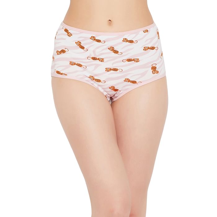 

Clovia High Waist Tiger Print Hipster Panty in White - Cotton - PN3170H22, Light pink