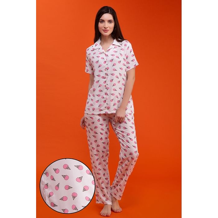 

Clovia Ice Cream Print Button Down Shirt & Pyjama Set in White - Rayon - LS0385A18
