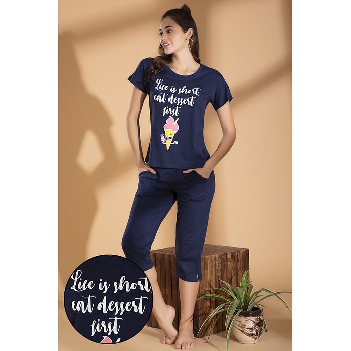 

Clovia Ice Cream & Text Print Top & Capri Set in Navy - Cotton Rich - LS0411A08