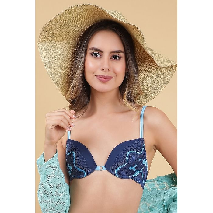 

Clovia Lace Lightly Padded Underwired Plunge Bra in Navy - BR1756R08