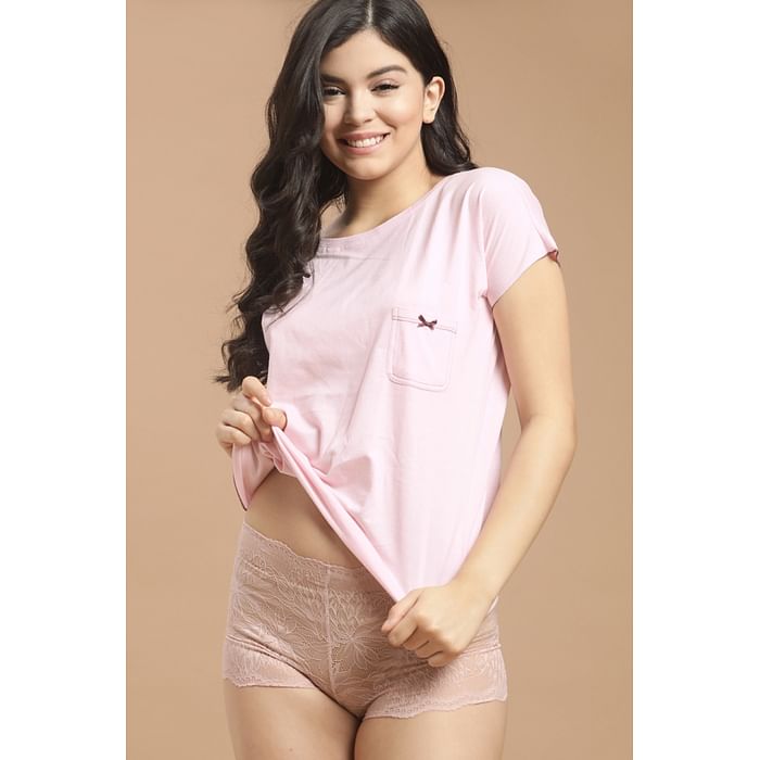 

Clovia Low Waist Boyshorts in Coral Pink - Lace - PN2656P22, Light pink