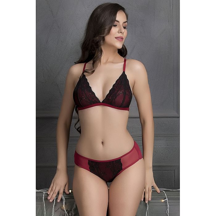 

Clovia Non-Padded Non-Wired Demi Cup Plunge Bra & Low Waist Bikini Panty in Red - Lace - BP1477P04