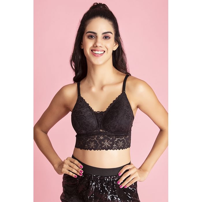 

Clovia Padded Non-Wired Full Cup Multiway Longline Bralette in Black - Lace - BR1414P13