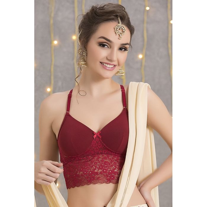 

Clovia Padded Non-Wired Longline Lace Bralette with Racerback - BR1575P04, Red