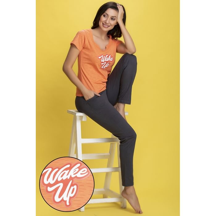 

Clovia Lazy Lounge Top & Pyjama in Orange & Grey - 100% Cotton - LS0413A16
