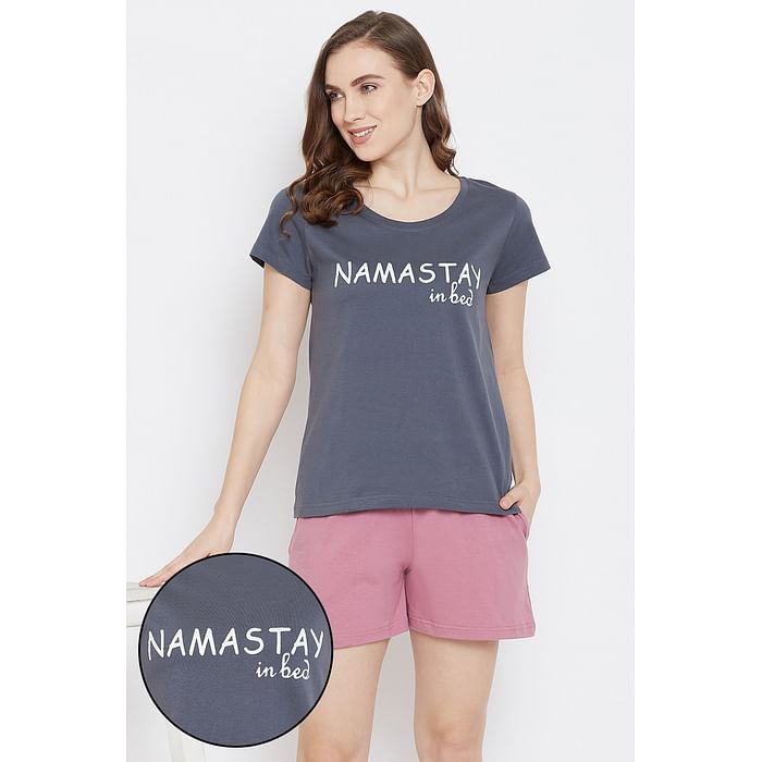 

Clovia Lazy Lounge Top & Shorts in Grey & Pink- Cotton - LSC124J05, Dark grey
