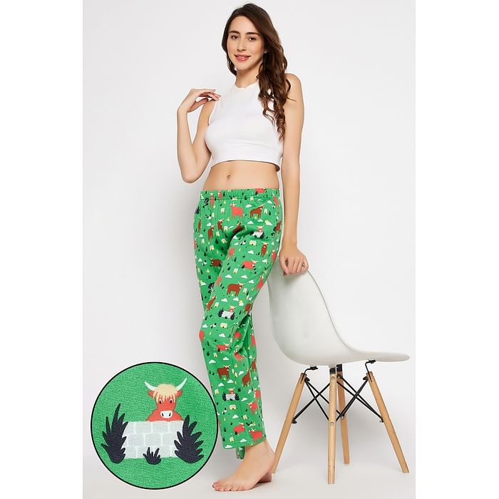 

Clovia Graphic Print Pyjama in Light Green - Fleece - LB0139P11