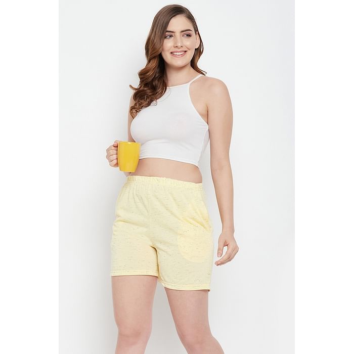 

Clovia Chic Basic Shorts in Yellow Melange - Cotton - LB0145D02, Light yellow