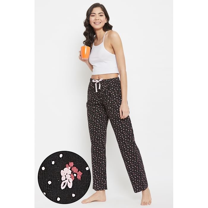 

Clovia Pretty Florals Pyjama in Black - 100% Cotton - LB0149A13