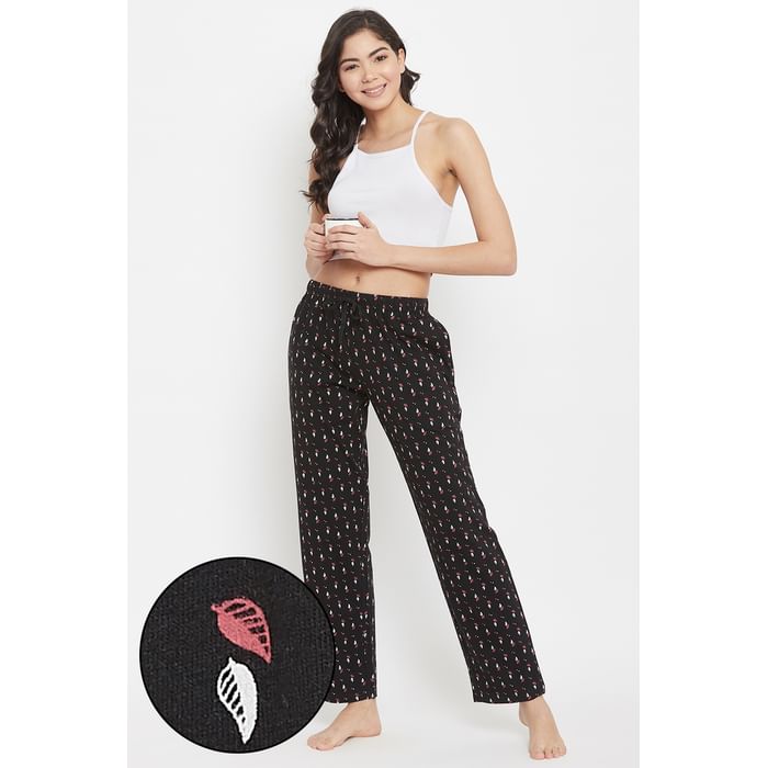 

Clovia Pretty Florals Pyjama in Black - 100% Cotton - LB0149D13