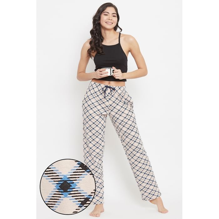 

Clovia Classy Checks Pyjama in Cream-Colour - 100% Cotton - LB0149P24, Nude-colour