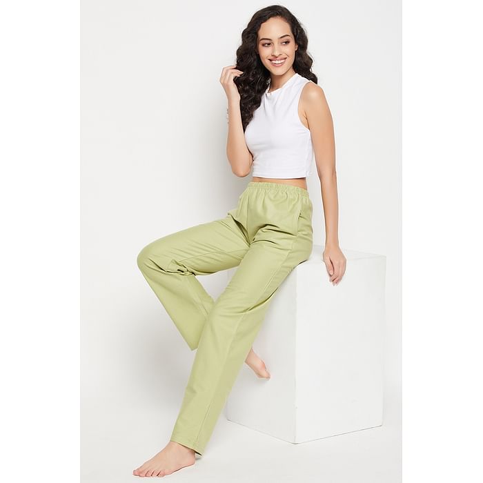 

Clovia Chic Basic Pyjama in Olive Green - 100% Cotton - LB0173P11, Light green