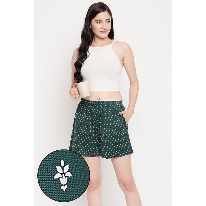 

Clovia Pretty Florals Boxer Shorts in Dark Green - 100% Cotton - LB0174D17