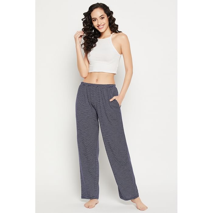 

Clovia Sassy Stripes Pyjama in Navy - 100% Cotton - LB0175F08