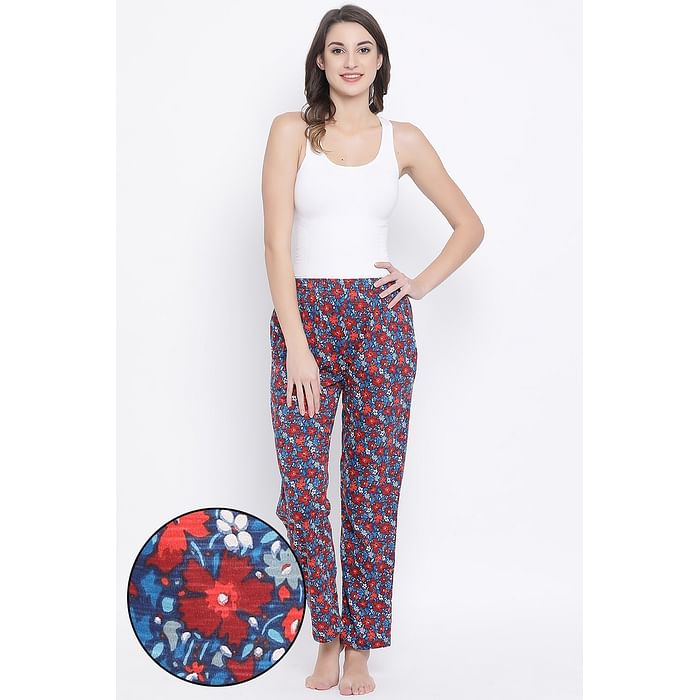 

Clovia Floral Frenzy Pyjama in Multicolour - Cotton Rich - LB0176G08, Navy